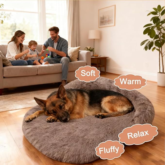 Calming Dog Beds for Medium Large Dogs, Orthopedic Cushion Plush Dogs Lounge Couch Sofa with Washable Removable Cover, Anti-Anxiety Soft Faux Fur Fits up to 40 lbs Pets (Oval, Brown 32"x24")