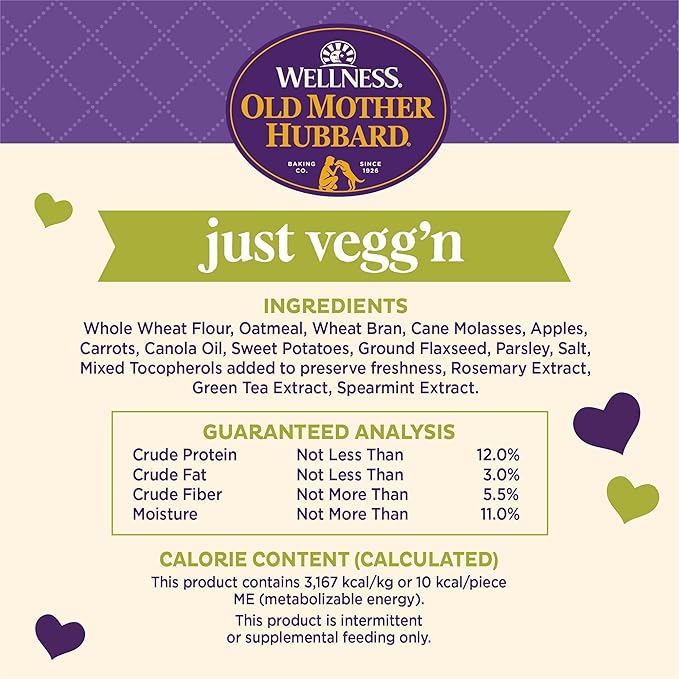Old Mother Hubbard Wellness Just Vegg'n Dog Biscuits, Natural, Training Treats, Sweat Potato, Oats, Apples & Carrots Flavor, Mini Size, (20 Ounce Bag)