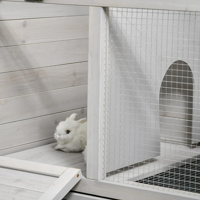 PawHut Wooden Rabbit Hutch, Bunny Cage with Wheels, Dividers, Openable Roof, Removable Trays, Small Animal Cages for 1-2 Rabbits, Indoor Outdoor Use, Light Gray