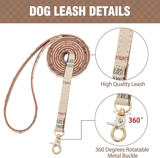KOOLTAIL Small Dog Collar and Leash Set with Bowtie and Bells - Cute Puppy Bandana Collar and Leash with Classic Plaid Pattern, Soft Leather Tangle Free Leashes for Small Boys Girls Dogs,Cats,Beige S