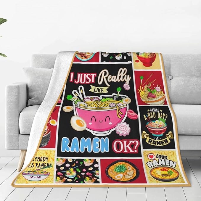 SweetFox Just A Girl Who Loves Ramen Blanket, Ramen Decor Throw Blanket Gifts for Girls Boys Food Lovers Super Warm Soft Plush Fleece Flannel Winter Bedding Blankets for Kids Adults Men Women 60"X50"