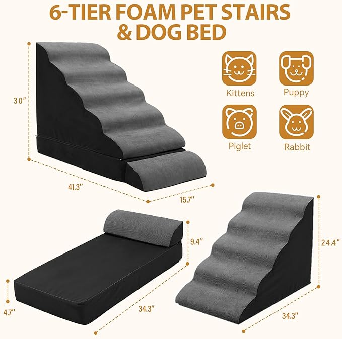 A.FATI Dog Stairs 30 Inches High for 30-36 Inch High Bed, 6-Tier 3-in-1 Foam Pet Steps with Non-Slip Bottom, Detachable Washable Cover, Dog Ramp for Small Old Short-Legged Dogs Up to 50 Lbs