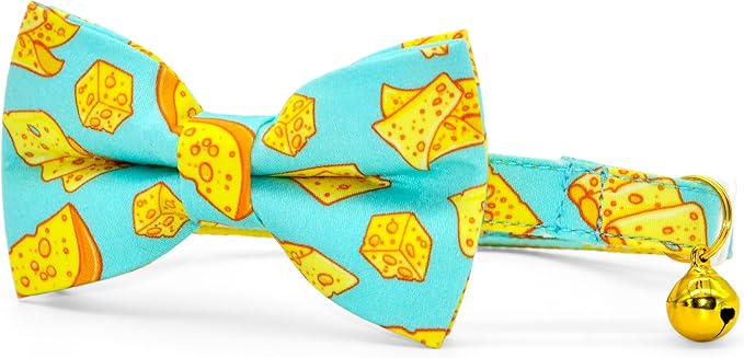 Cheese Cat Bow Tie Collar, Blue & Yellow Cheese Pattern, Wedding/Birthday/Festivals Cat Collar, Quick Release Safety Breakaway Collar