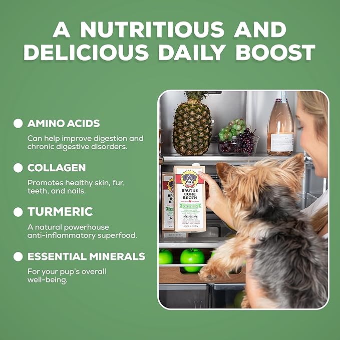 Brutus Chicken Broth Liquid for Dogs - All Natural Chicken Bone Broth for Dogs with Chondroitin Glucosamine Turmeric -Human Grade Dog Food Toppers for Picky Eaters & Dry Food -Tasty & Nutritious