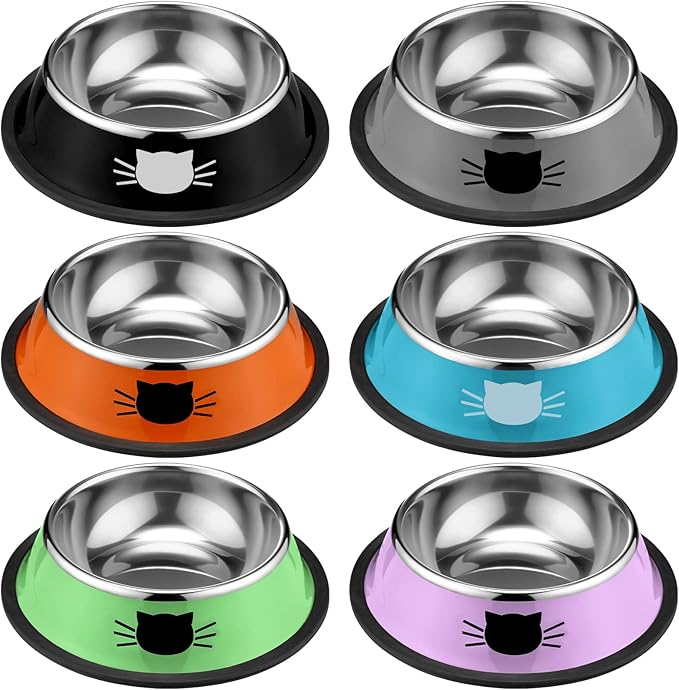Amylove 6 Pcs Cat Bowls for Food and Water Cat Dishes Stainless Steel Pet Food Bowls 7 oz Anti Slip Metal Pet Dish with Removable Rubber Base Thick for Feeding Indoor Kitten Small Dog(Classic Color)
