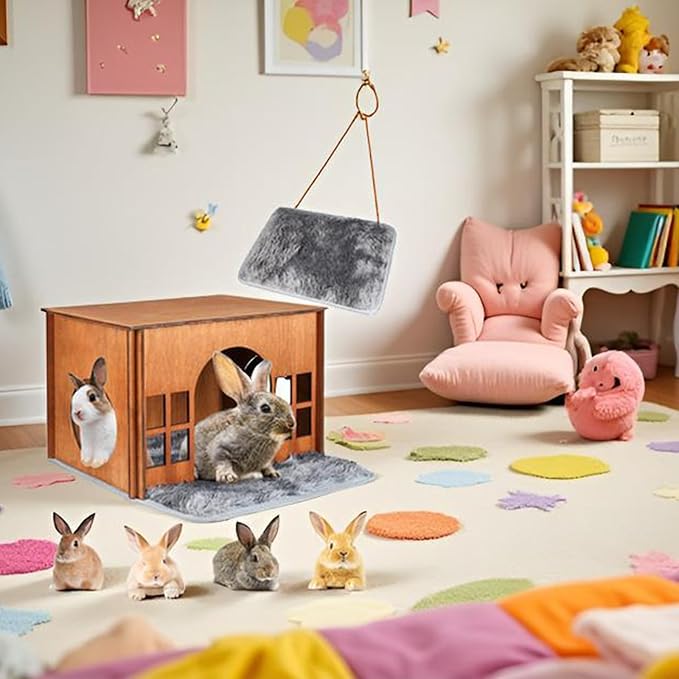 Large Rabbit Hideouts, Wooden Bunny House Rabbit Houses and Hideouts Habitat Castle for Indoor Bunnies, Guinea Pigs, Hamsters, Chinchillas