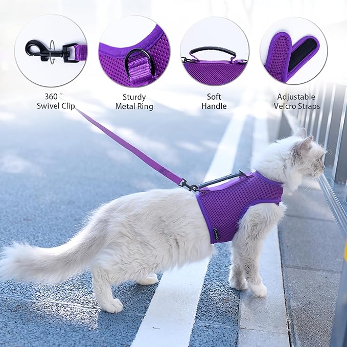 Cat Harness and Leash for Walking Escape Proof Breathable Mesh Fabric, Purple, Large, Adjustable Cat Walking Jackets with Handle, Padded Stylish Cat Vest