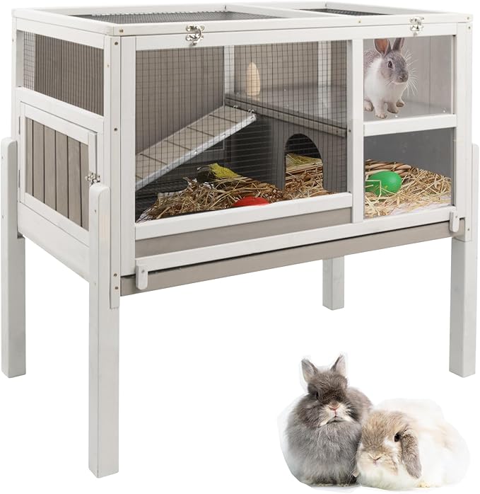 Ketive Rabbit Hutch Indoor, Wooden Bunny Hutch with Stand, Rabbit Cage with Ramp and Hideout, Small Animals Cage Habitat with Not Leakage Pull Out Tray for Rabbits, Guinea Pigs, Hamsters