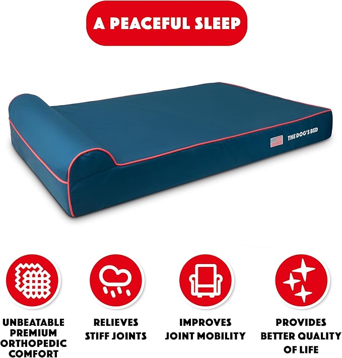 The Dog’s Bed Orthopedic Memory Foam Dog Bed with Headrest, Calming Surface – CertiPUR-Certified Foam, Oxford Fabric, Blue with Red Trim USA Flag, XXL, 6-Inch