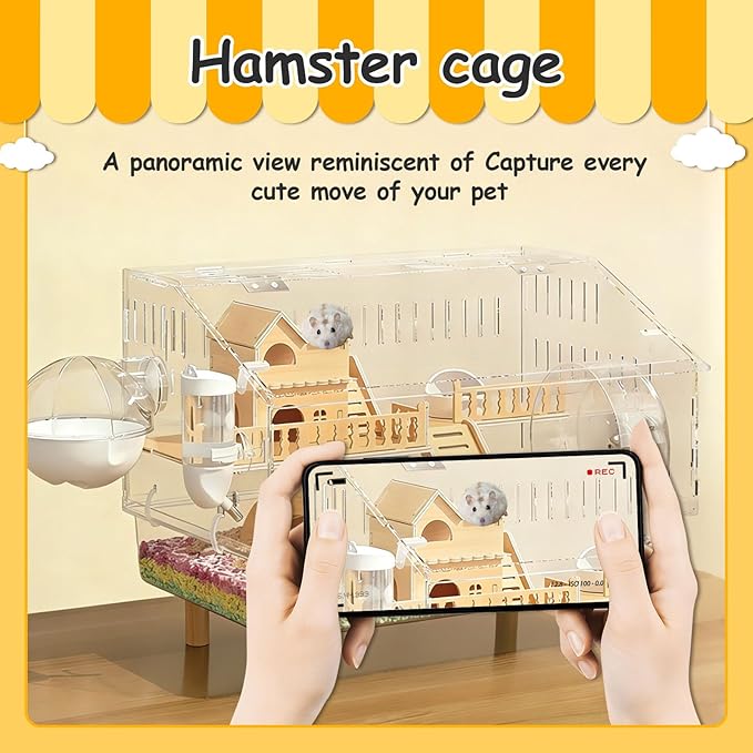 8 in 1 Acrylic Hamster Cage, 2-Tier Gerbil Hamster House, Mouse Syrian Cages, Large Critter Nation Cage with Accessories, Clear Jaula para Used for Dwarf, Bucatstate, Pet Mice (18.5"x11.81"x14.56")