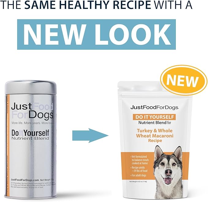JustFoodForDogs Nutrient Blend, Supplements for Homemade Dog Food, Turkey & Whole Wheat Macaroni, DIY Fresh Pet Meals and Toppers, Human Grade, Dog Vitamins & Multivitamin Additive, 4.55oz