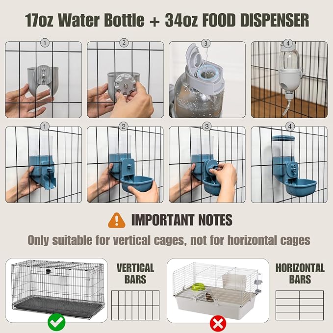 Automatic Pet Food Water Dispenser, Auto Gravity Pet Feeder Water Bottle Set for Crate Cage for Puppy Cat Rabbit Guinea Pigs Chinchilla Ferret Hedgehog (Blue)