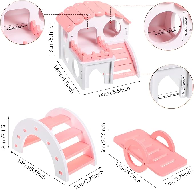 3 Pieces Fun Hamster Guinea Pig Hideout Kit Include PVC Hamster House, Rainbow Bridge, Seesaw DIY Exercise Playhouse for Rats Mouse Small Animals(Small,Pink)