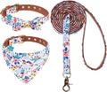 EXPAWLORER Small Collar and Leash Set - Embroidery Pawprints with Bow Tie and Bandana Collar with Bell, Soft Tangle Free Leash for Dogs Cats Outdoor Walking, Holiday Ideal Gift Blue Flowers S