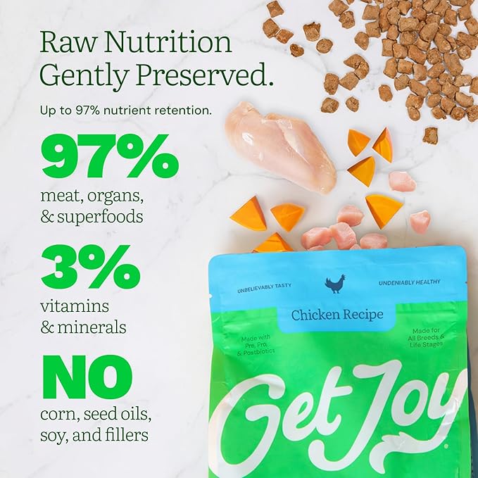 Get Joy Freeze Dried Raw Chicken Dog Food, High Protein Grain Free Meal, Topper & Treat, Gut Health Support with Probiotics, Small to Large Breed, 16oz Bag