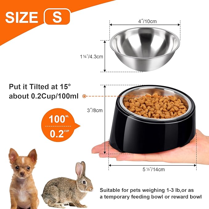 Tilted Dog Bowl Non-Slip & Non-Spill Pet Feeder with Elevated Detachable Melamine Stand, Easy to Get Food Dog Dish, S/100ml Black