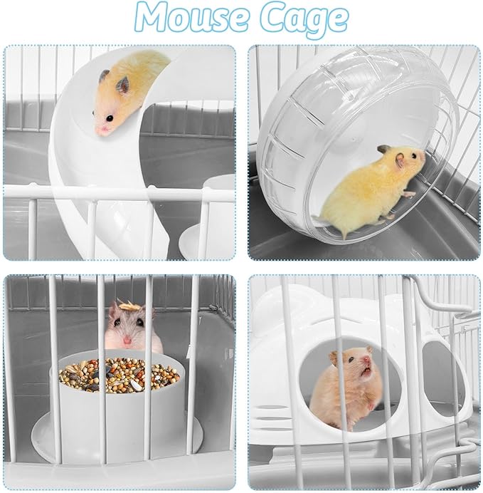 PINVNBY Dwarf Hamster Cage, Small Animal Cages, 2-Tier Travel Portable Mouse Cage Hamster Carrier with Castle House Running Exercise Wheels, Water Bottle and Food Dish（Gray）