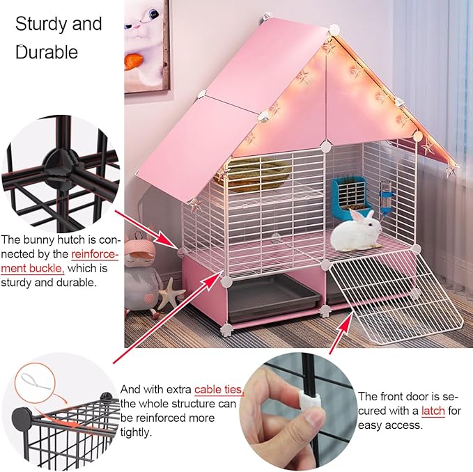 Choowin 2-Story Small Rabbit Cage Bunny Hutch Guinea Pig Cage Small Animals House, Metal Wire Netting Villa with Pull-Out Tray, Indoor Habitat for Ferret Chinchilla Hedgehog, Pink