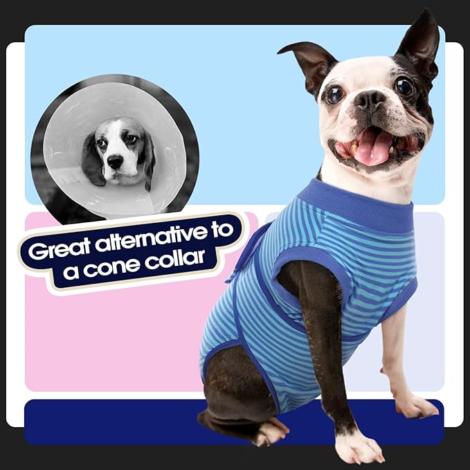 FUAMEY Recovery Suit for Dogs After Surgery,Soft Breathable Dog Bodysuit E-Collar & Cone Alternative Surgical Suit,Male Female Dog Neuter Spay Suits Anti Licking Wounds Onesie Navy Blue Strips XS