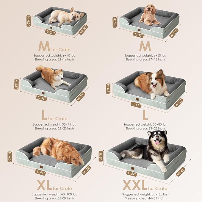 EHEYCIGA Orthopedic Dog Beds for Large Dogs, Waterproof Memory Foam Large Pet Bed with Sides, Non-Slip Bottom and Egg-Crate Foam Dog Couch Bed with Washable Removable Cover, Greyish Green