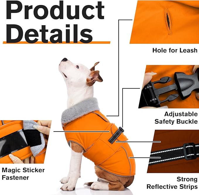Lelepet Dog Coat Waterproof Dog Jacket Reflective Fleece Vest with Adjustable Buckle & Leash Hole Windproof Cold Weather Coats for Small Medium Large Dogs, Warm Hunting Vest, Orange, XXXL