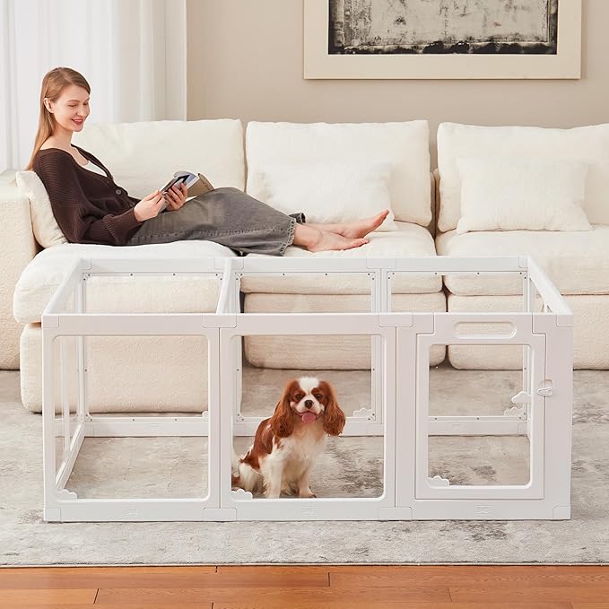 Acrylic Dog Playpen Indoor, Cloud Design Clear Dog Play Pen for Puppies and Small Dogs, Easy Assembly & Clean Puppy Pen (23.6", 12 Panels, White)