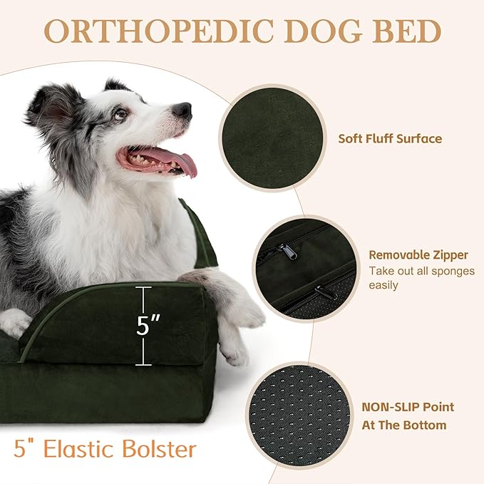 Comfort Expression Orthopedic Dog Bed for Extra Large Dogs 45x35 Inch, Waterproof Egg Crate Foam XL Pet Bed with Removable Bolsters, Dog Couch with Washable Cover & Non-Slip Bottom, Olive Green