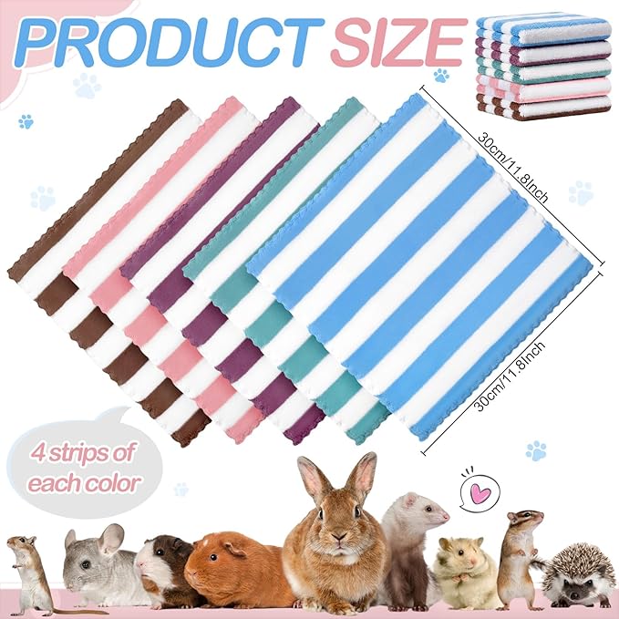 Moukeren 20 Pcs Guinea Pig Fleece Bedding Blankets Bulk Washable Small Animal Fleece Cage Liners Pet Sleeping Mat Cover for Hamster Chinchilla Rabbit Hedgehog (12 x 12 Inch,Striped Style,Multicolor)