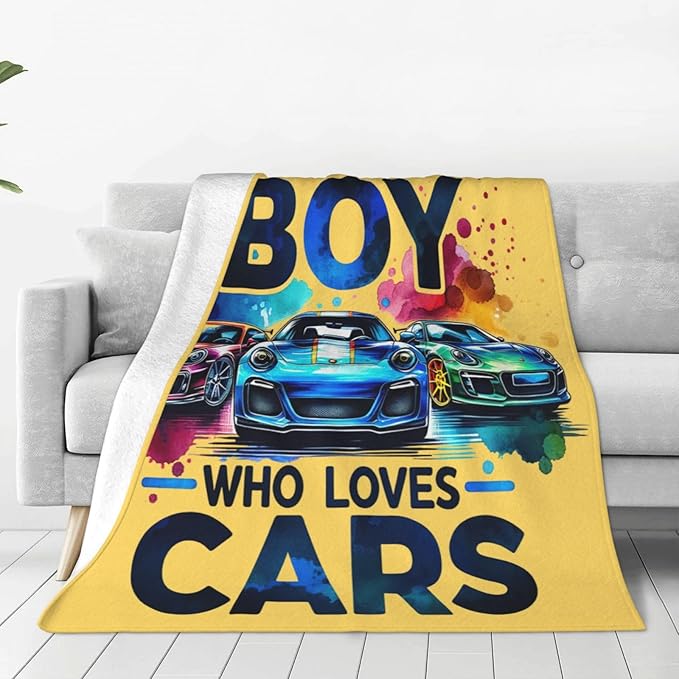 SweetFox Just A Boy Who Loves Cars Blanket, Cars Decor Throw Blanket Gifts for Girls Boys Lovers Super Warm Soft Plush Fleece Flannel Winter Bedding Blankets for Kids Adults Men Women 60"X50"