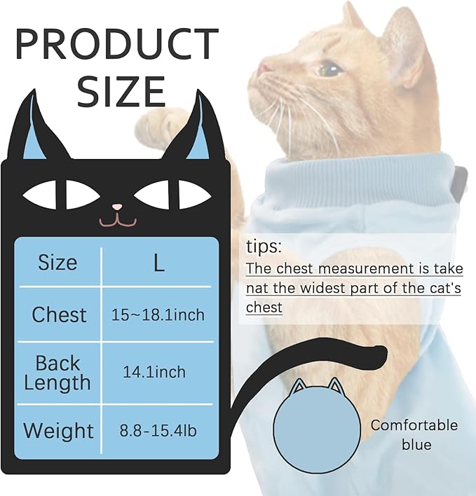 Cat Surgery Recovery Suit - L Size Blue, Soft and Breathable for a Comfortable Recovery, Effortlessly Wearable and Suited for Post-Op Care