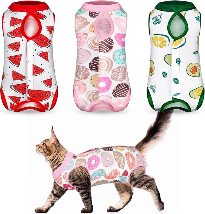 Nuanchu 3 Pieces Cat Recovery Suit Kitten Recovery Suit E-Collar Alternative for Cats and Dogs Abdominal Skin Anti Licking Pajama Clothes Sets(Small,Watermelon Style,Colorful)