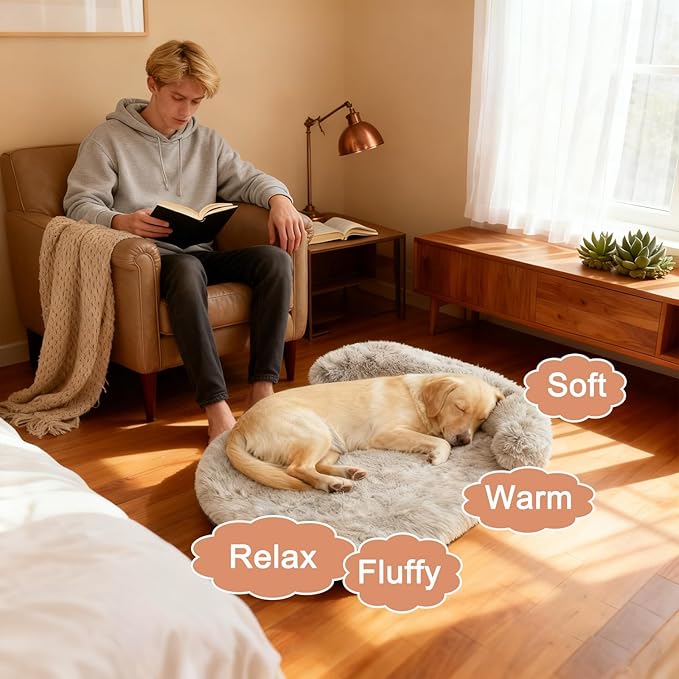 Calming Dog Beds for Medium Large Dogs, Orthopedic Cushion Plush Dogs Lounge Sofa with Washable Removable Cover, Anti-Anxiety Soft Faux Fur Fits up to 40 lbs Pets (Oval, Marble Grey 32"x24")
