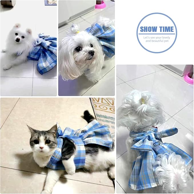 PETCARE Plaid Dog Dress Bow Tie Harness Leash Set for Small Dogs Cats Girl Cute Princess Dog Dresses Spring Summer Puppy Bunny Rabbit Clothes Chihuahua Yorkies Pet Outfits