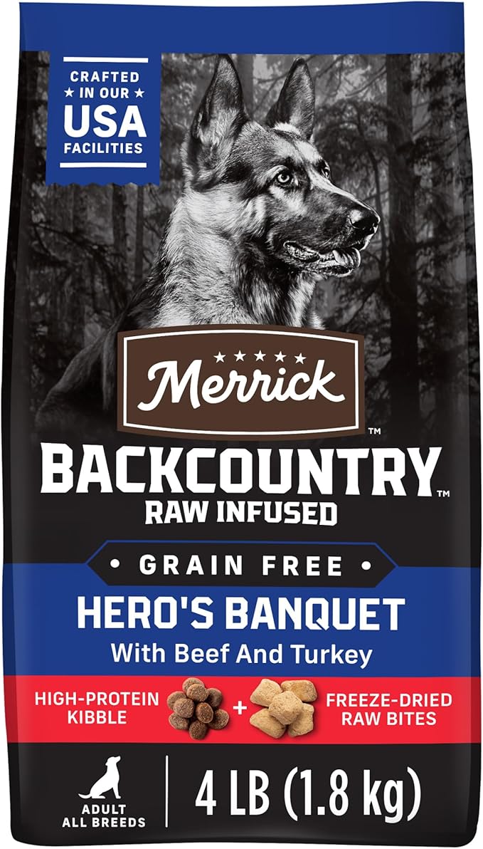 Merrick Backcountry Grain Free Dry Adult Dog Food, Kibble With Freeze Dried Raw Pieces, Hero’s Banquet Recipe - 4.0 lb. Bag
