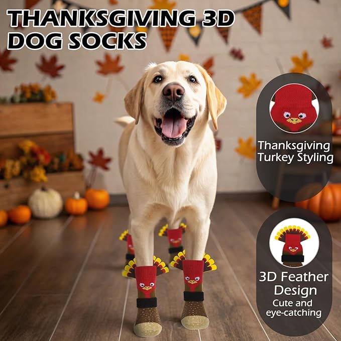 EXPAWLORER Thanksgiving Anti Slip Dog Socks to Prevent Licking Paws,Boots & Paw Protectors with Grippers,Doggie Booties for Hardwood Floors for Small Medium Large Senior Dogs Lifelike Costume Turkey S