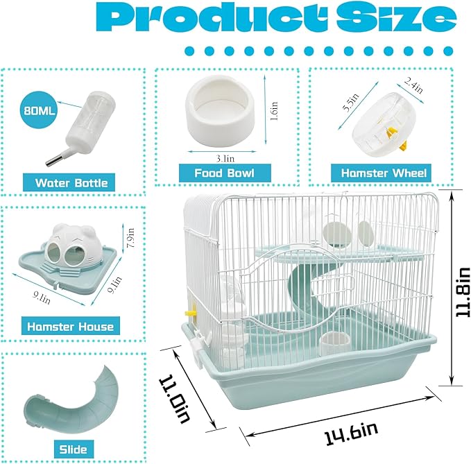 2-Tier Portable Hamster Cage and Habitats,Travel Metal Mouse Cages with Free Water Bottle,Houses and Exercise Wheel for Any Breed of Hamster and Small Animal (14.6x11.0x11.8inch Light Blue)