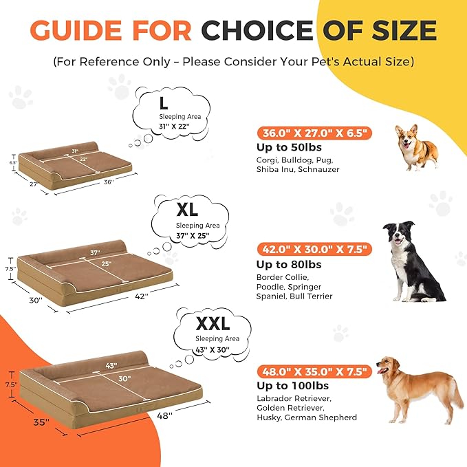 Dog Bed Large Sized Dogs, Orthopedic Dog Bed for Large Dogs, Waterproof Pet Bed with Washable Removable Cover, L-Shaped Pet Couch with Portable Handle 36"x27"x6.5", Camel