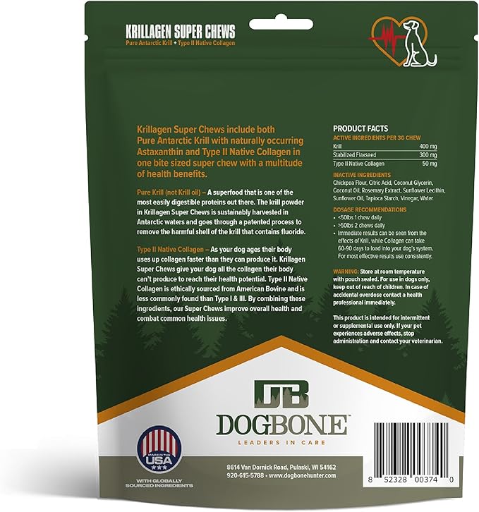 DogBone Krillagen Chews for Dogs – 90 Count Supplement - Type 2 Collagen for Hip & Joint Support – Krill Powder Omega 3 DHA + EPA for Heart, Skin, Coat - Active, Large Breed, & Senior Canine Health