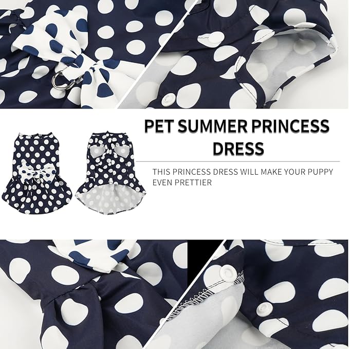 Cute Polka Dots Cat Small Dog Dress with Bow Tie Summer Clothes with D-Ring on The Back for Puppy Cat(Navy with White Dots, Large)