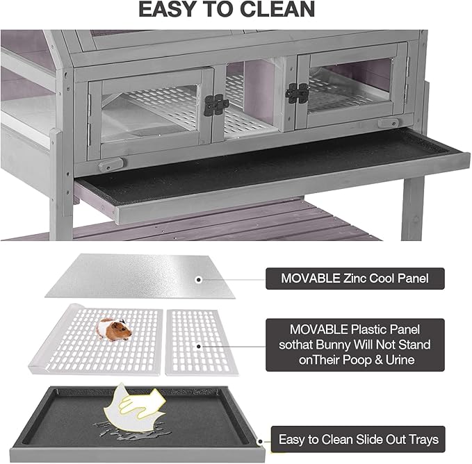 Guinea Pig Cages with Wheels, Large Hamster Cage with Anti-Chewing Ramp and Hideouts, Zinc Cool Plate, Plastic Floor, Deeper Leakproof Tray, Small Animal Cage for Indoor and Outdoor (Light Grey)