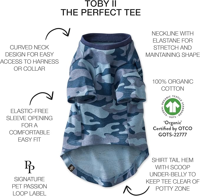 Toby II - The Perfect Tee, 3 Pack Short Sleeve Pet T-Shirt 100% Organic Cotton Tees Clothes for Small, Medium, Large Dogs, Navy Camo, X-Large (55-80 lbs)