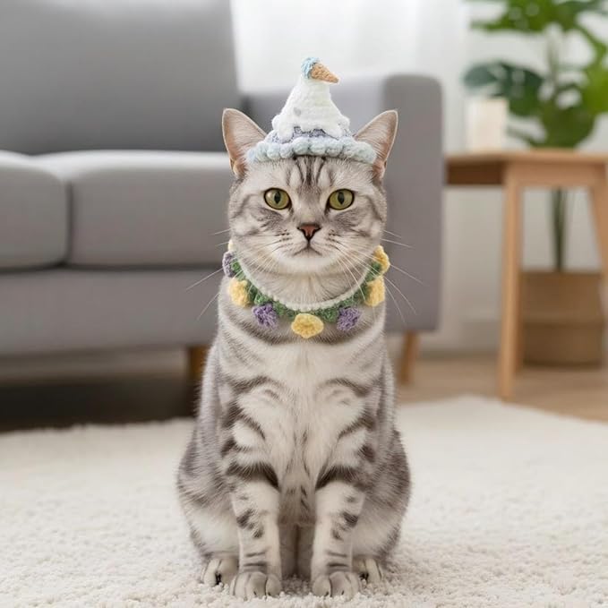 Dog Costume – Adjustable Birthday Dog Hat & Floral Wreath Scarf for Cats and Small to Medium Dogs, Cute Cat Costume for Party, Holiday, Daily Wear & Photos