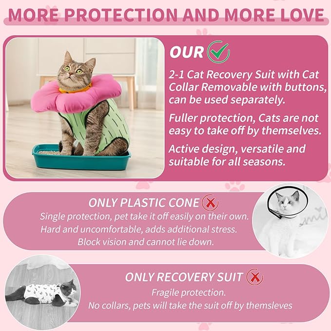 EMUST Cat Recovery Suit and Cat Surgery Suit, Cats Surgical Suit for Abdominal Wounds, Soft & Adjustable Flower Cats Cone Collar, After Surgery for Female Kittens Under 4lb(Green, S)