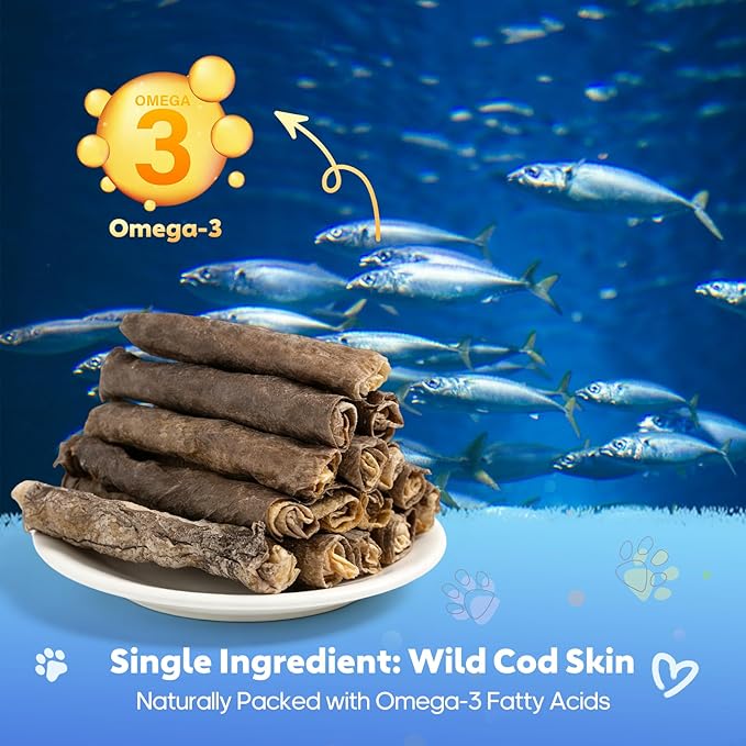 Cod Skin Rolls for Dogs Single Ingredient Fish Skin Dog Treats for All Breeds Dental Treats for Teeth Cleaning Rich in Omega-3 Dog Snacks Cod Skin Chews for Medium and Large Dogs 6 oz