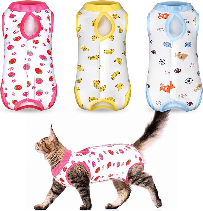 Nuanchu 3 Pieces Cat Recovery Suit Kitten Recovery Suit E-Collar Alternative for Cats and Dogs Abdominal Skin Anti Licking Pajama Clothes Sets(Large,Strawberry Style,Colorful)