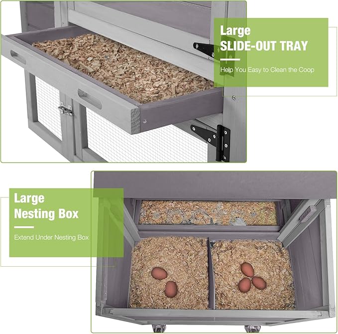 GUTINNEEN Mobile Chicken Coop with Wheels for 2-4 Chickens, Expandable Wooden Hen House with Divided Nesting Box, Reinforced Coop Balcony, Roosting Perch, Metal Pull-Out Tray, 82.4" L (Brown)