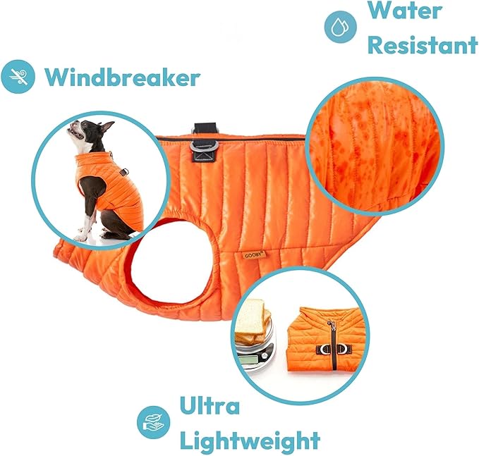 Gooby Puffer Vest Dog Jacket - Orange, X-Small - Ultra Thin Zip Up Wind Breaker with Dual D Ring Leash Water Resistant for Small to Medium Dogs