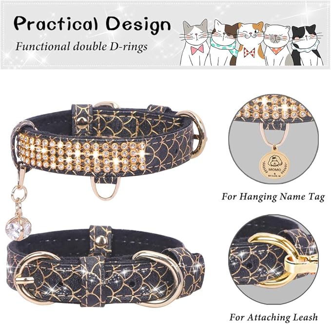 PetsHome Cat Collar, Dog Collar, [Bling Rhinestones] Premium PU Leather with Pendant Adjustable Collars for Big Cat and Small to Medium Dog Small Black