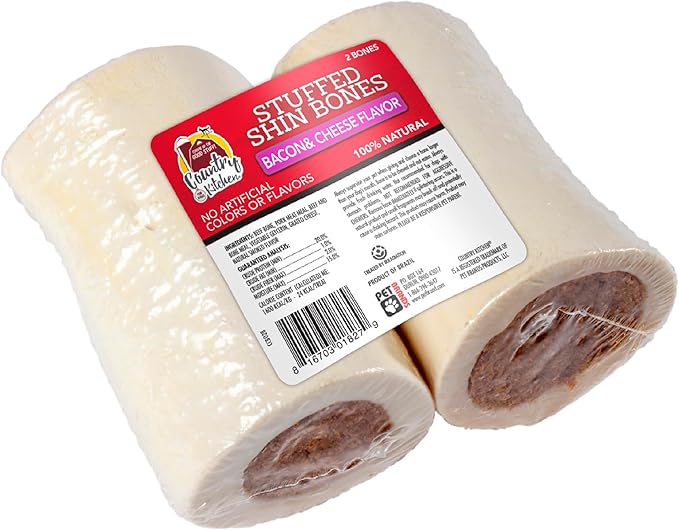 Country Kitchen Stuffed Shin Bone Bacon & Cheese Flavor Dog Treat, 100% Natural, Long Lasting, 2 Small Bones, 3-4 Inches