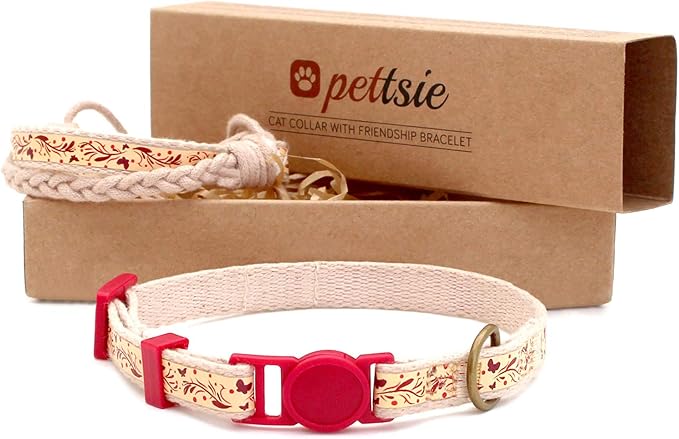 Pettsie Kitten Collar Breakaway with Matching Bracelet – Soft Cotton, Quick-Release Safety Buckle, Adjustable 5"-8", Stylish Gift Box, Red